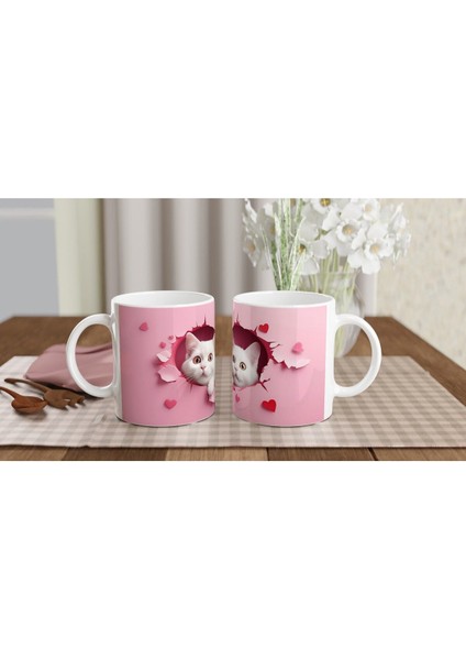 Kalp Şeklinde Çatlak Duvardan Bakan Iki Beyaz Kedi Temalı Baskılı Kupa Bardak indirimleri