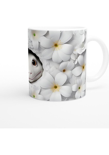 Beyaz Çiçekler Arasında Sevimli Semender Temalı Baskılı Kupa Bardak modelleri