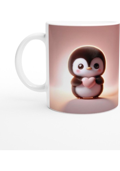Kalp Tutan Sevimli Penguen Temalı Baskılı Kupa Bardak