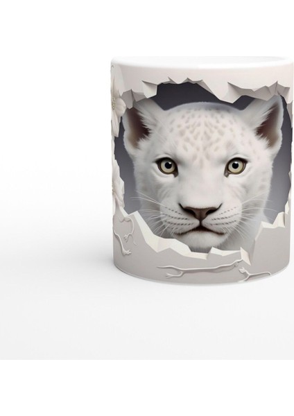 Kırık Duvar Ardındaki Beyaz Leopar Temalı Baskılı Kupa Bardak