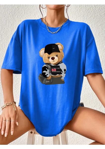 Tedy Bear Baskılı -Ayıcık Baskılı Oversize Tshirt - %100 Pamuktshirt - Sportif Tarz -Caglisa
