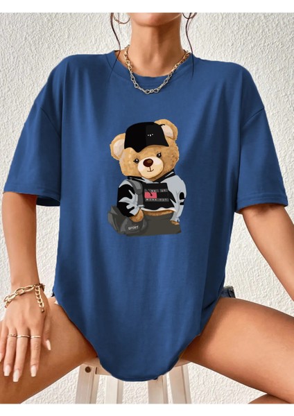 Tedy Bear Baskılı -Ayıcık Baskılı Oversize Tshirt - %100 Pamuktshirt - Sportif Tarz -Caglisa