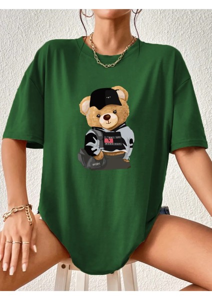 Tedy Bear Baskılı -Ayıcık Baskılı Oversize Tshirt - %100 Pamuktshirt - Sportif Tarz -Caglisa