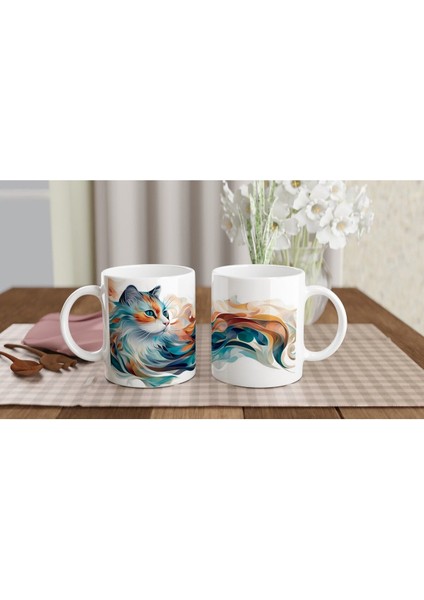 Renk Dalgaları Arasında Büyüleyici Kedi Temalı Baskılı Kupa Bardak indirimleri