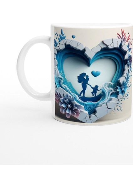 Kalp Içinde Dalgalarla Yürüyen Anne ve Çocuklar Kupa Bardak