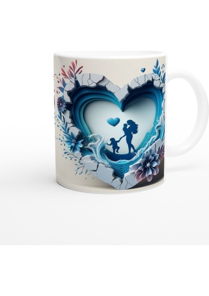 Kalp Içinde Dalgalarla Yürüyen Anne ve Çocuklar Kupa Bardak modelleri