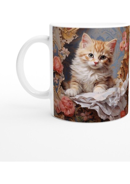 Barok Çiçekler Arasında Sevimli Kedi Kupa Bardak