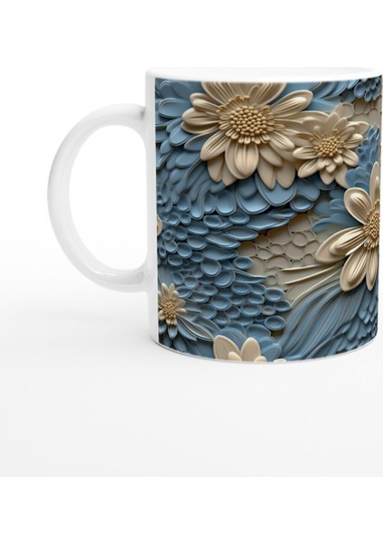 Mavi Rölyef Doku Çiçekli Kupa Bardak