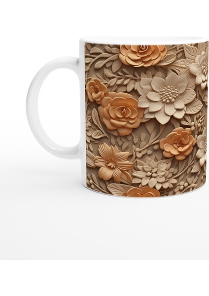 Gül Dokunuşlu Rölyef Çiçek Desenli Kupa Bardak