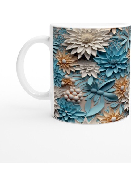 Pastel Mavi ve Krem Tonlu Çiçek Desenli Kupa Bardak