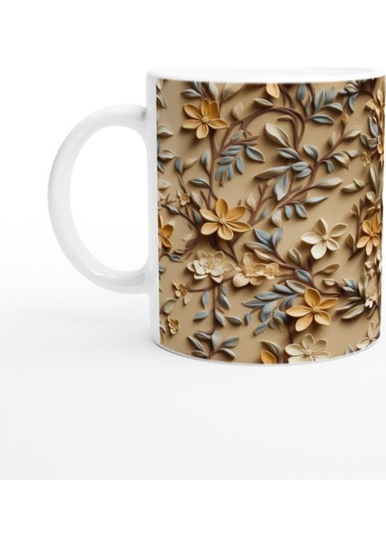 Bej Rölyef Dokulu Zarif Çiçek Desenli Kupa Bardak