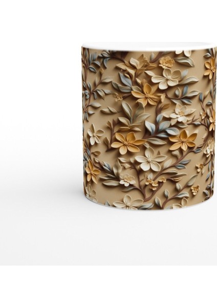Bej Rölyef Dokulu Zarif Çiçek Desenli Kupa Bardak fiyatları