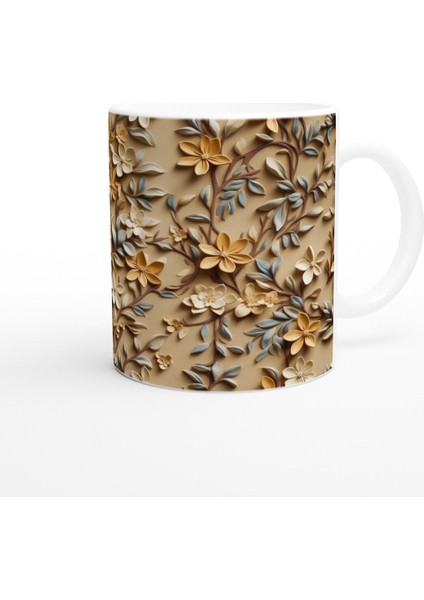 Bej Rölyef Dokulu Zarif Çiçek Desenli Kupa Bardak modelleri