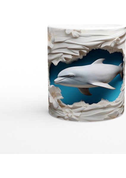 Beyaz Çiçekler Arasında Yüzen Yunus Su Altı Temalı Kupa Bardak