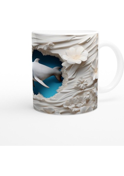Beyaz Çiçekler Arasında Yüzen Yunus Su Altı Temalı Kupa Bardak modelleri