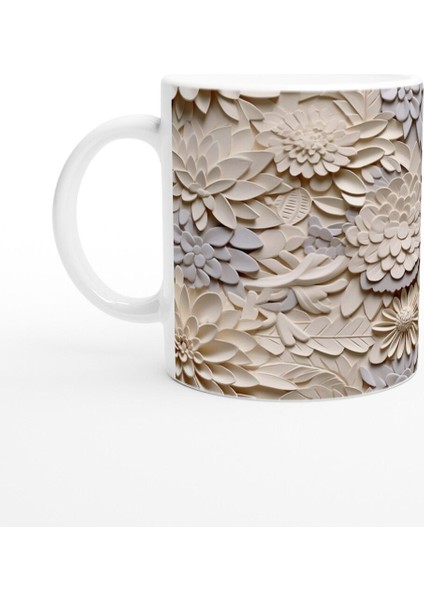 Krem Rölyef Çiçek Harmanı Kupa Bardak