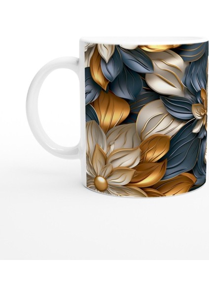 Altın Dokunuşlu Geometrik Çiçek Desenli Kupa Bardak