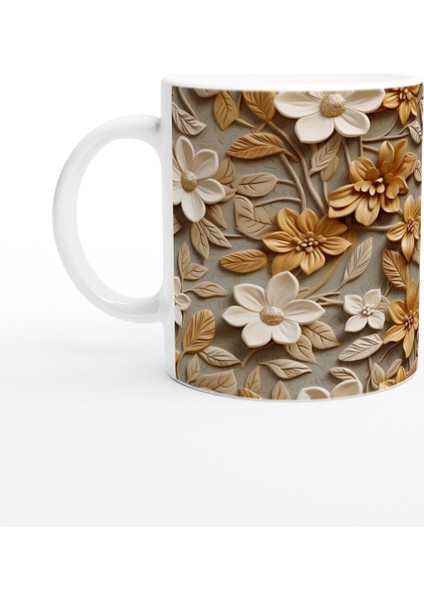 Karamel Vurgulu Rölyef Çiçek Desenli Kupa Bardak