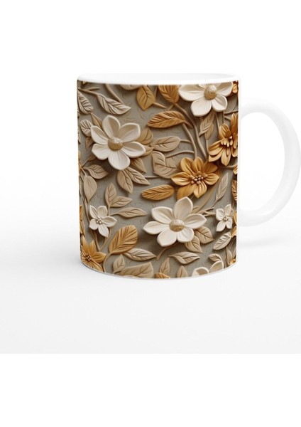 Karamel Vurgulu Rölyef Çiçek Desenli Kupa Bardak modelleri