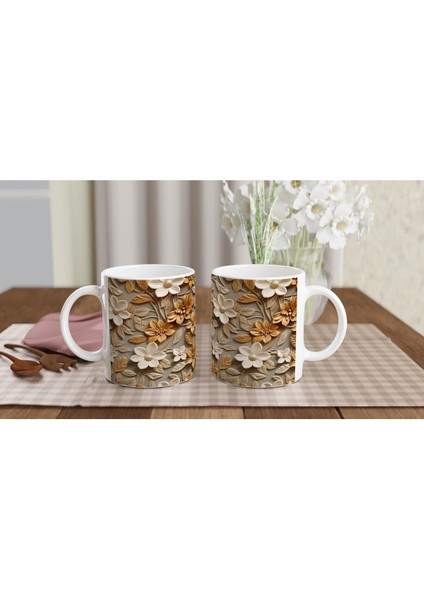 Karamel Vurgulu Rölyef Çiçek Desenli Kupa Bardak indirimleri