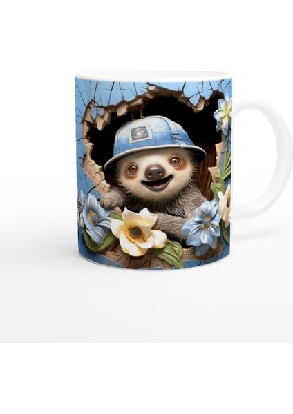 Mavi Duvardan Bakan Şapkalı Tembel Hayvan Temalı Baskılı Kupa Bardak fiyatları