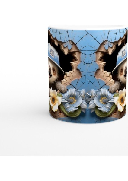 Mavi Duvardan Bakan Şapkalı Tembel Hayvan Temalı Baskılı Kupa Bardak modelleri