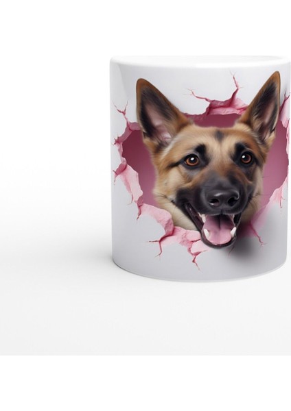 Pembe Çatlak Duvardan Bakan Alman Kurdu Temalı Baskılı Kupa Bardak