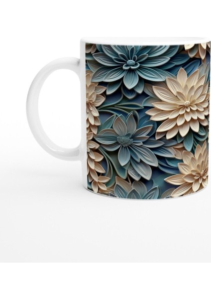 Bej ve Mavi Katmanlı Çiçekli Kupa Bardak