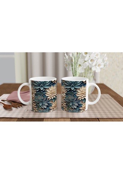 Bej ve Mavi Katmanlı Çiçekli Kupa Bardak indirimleri