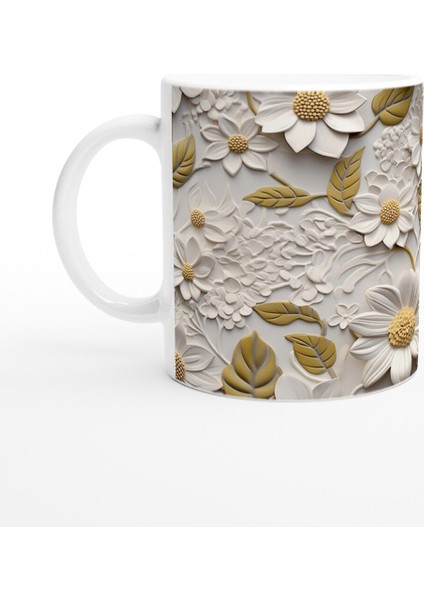 Krem ve Hardal Tonlarında Zarif Çiçek Dokulu Kupa Bardak