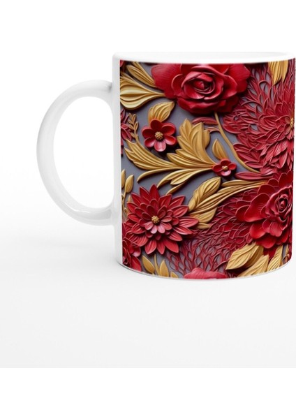 Altın Yapraklı Kırmızı Rölyef Çiçek Desenli Kupa Bardak