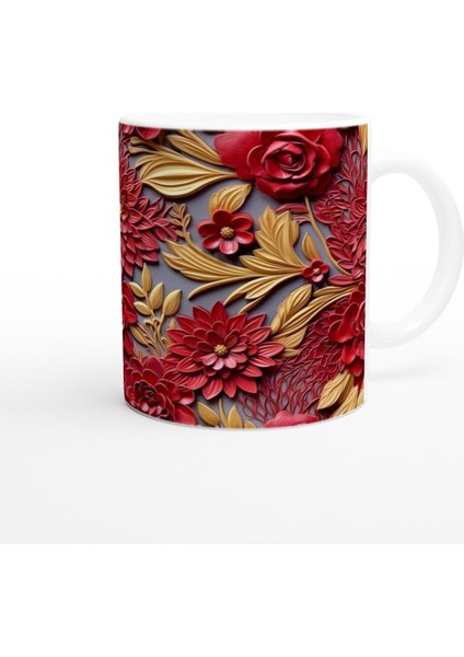 Altın Yapraklı Kırmızı Rölyef Çiçek Desenli Kupa Bardak modelleri