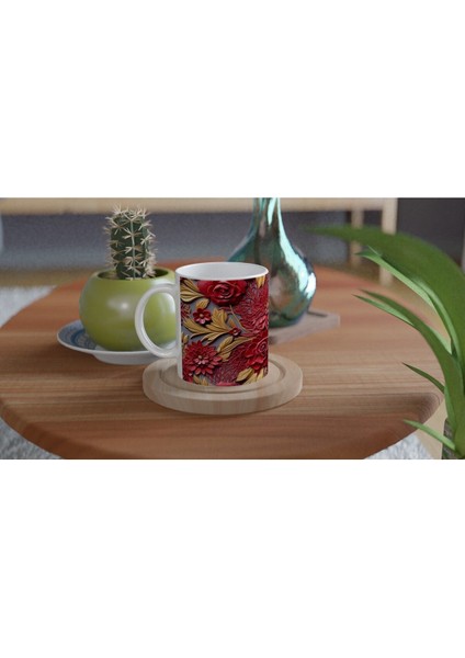 Altın Yapraklı Kırmızı Rölyef Çiçek Desenli Kupa Bardak fırsatları