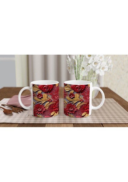 Altın Yapraklı Kırmızı Rölyef Çiçek Desenli Kupa Bardak indirimleri