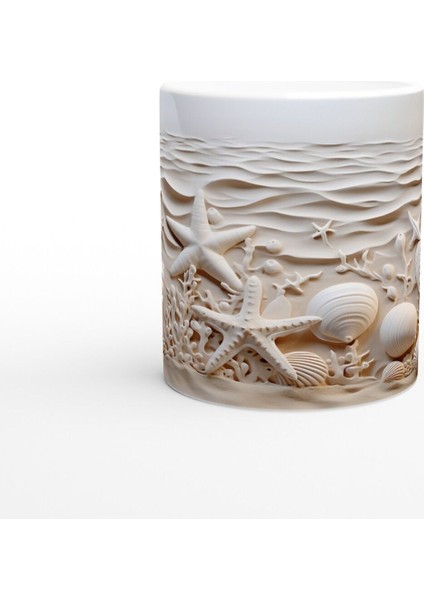 Krem Dalgalar ve Deniz Yıldızlarıyla Su Altı Temalı Kupa Bardak