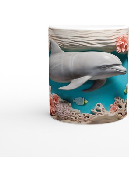 Mercan Bahçesinde Yüzen Neşeli Yunus Temalı Kupa Bardak