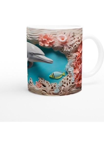 Mercan Bahçesinde Yüzen Neşeli Yunus Temalı Kupa Bardak modelleri