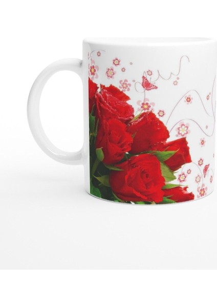 Romantik Kırmızı Gül Desenli Kupa Bardak