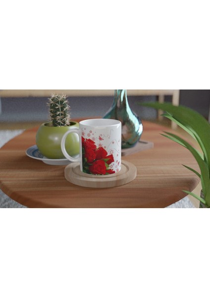 Romantik Kırmızı Gül Desenli Kupa Bardak fırsatları