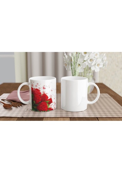 Romantik Kırmızı Gül Desenli Kupa Bardak indirimleri
