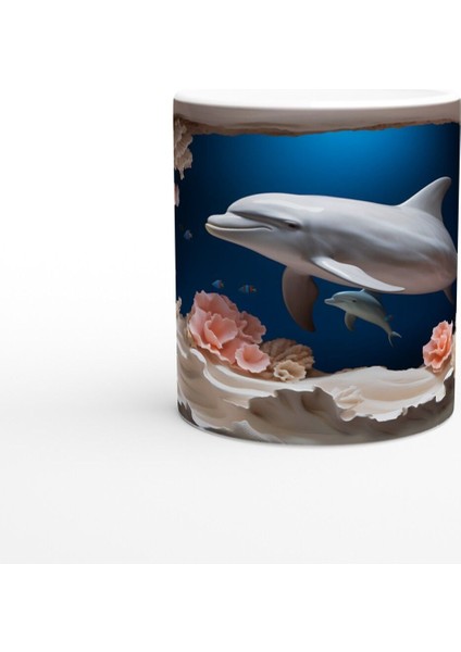 Anne ve Yavru Yunus Desenli Su Altı Temalı Kupa Bardak