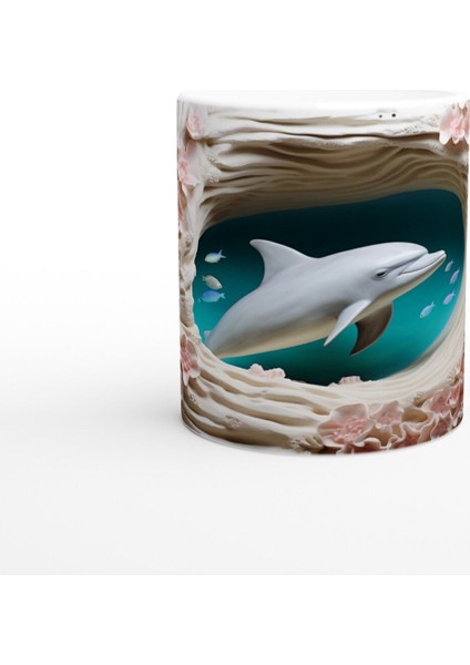 Mercan Çiçekleri Arasında Yüzen Sevimli Yunus Temalı Kupa Bardak