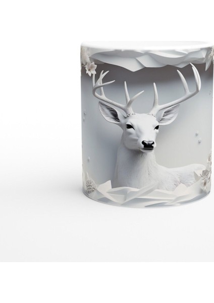 Beyaz Çiçekler Arasında Asil Geyik Desenli Baskılı Kupa Bardak