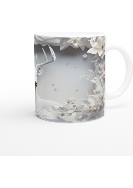 Beyaz Çiçekler Arasında Asil Geyik Desenli Baskılı Kupa Bardak fiyatları