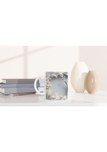 Beyaz Çiçekler Arasında Asil Geyik Desenli Baskılı Kupa Bardak indirimleri