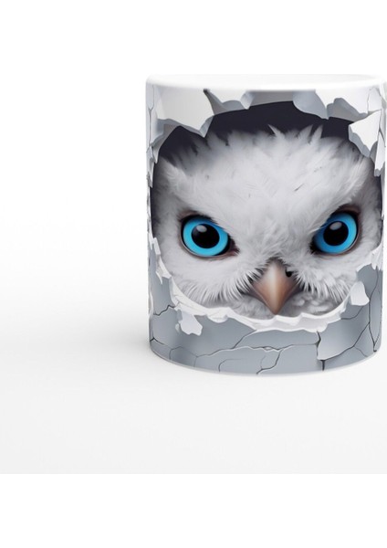 Beyaz Güller Arasında Mavi Gözlü Baykuş Temalı Baskılı Kupa Bardak