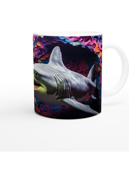 Renkli Kıvrımlı Mercanlar Arasında Köpekbalığı Su Altı Temalı Kupa Bardak modelleri