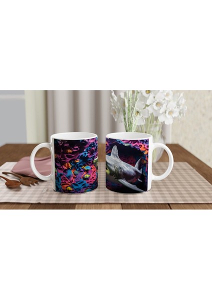 Renkli Kıvrımlı Mercanlar Arasında Köpekbalığı Su Altı Temalı Kupa Bardak indirimleri