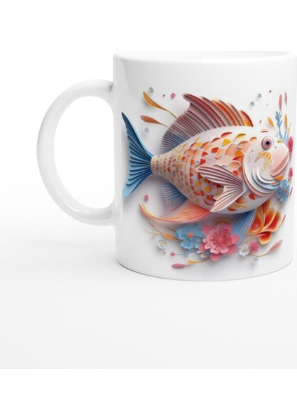Çiçekli Balık Desenli Deniz Temalı Sanat Kupa Bardak