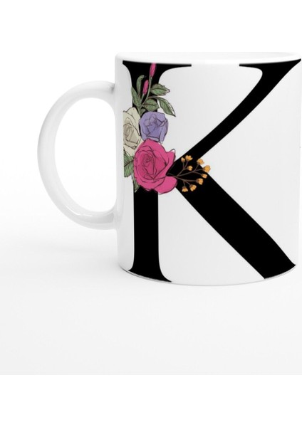 K Harfi Çiçek Motifli Kupa Bardak